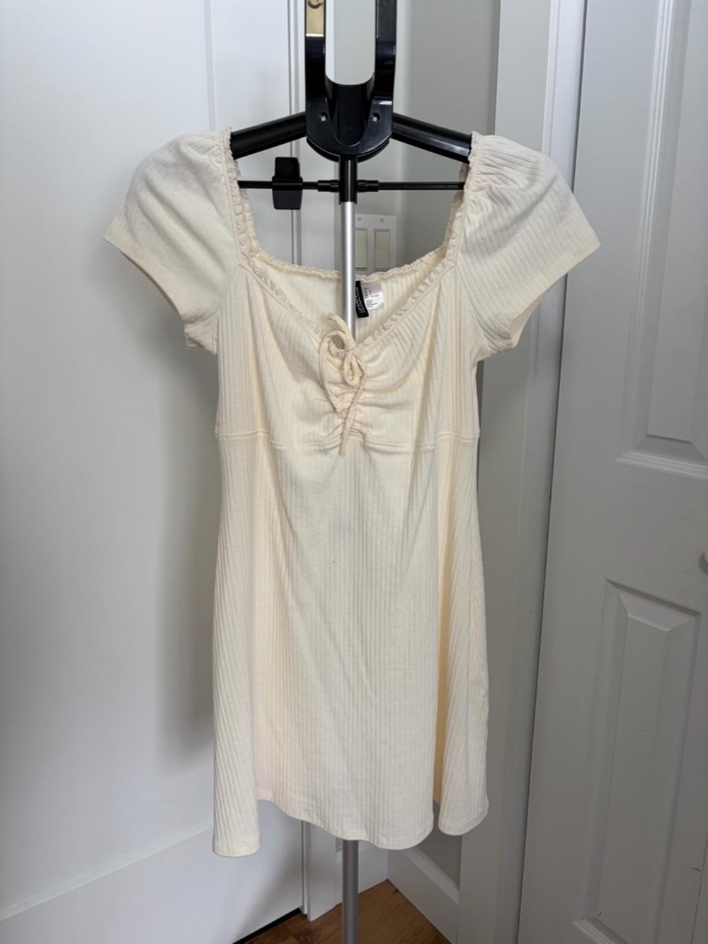 H&M-DIVIDED Ivory Ribbed Lace-Trim Square Neck Mini Dress-large